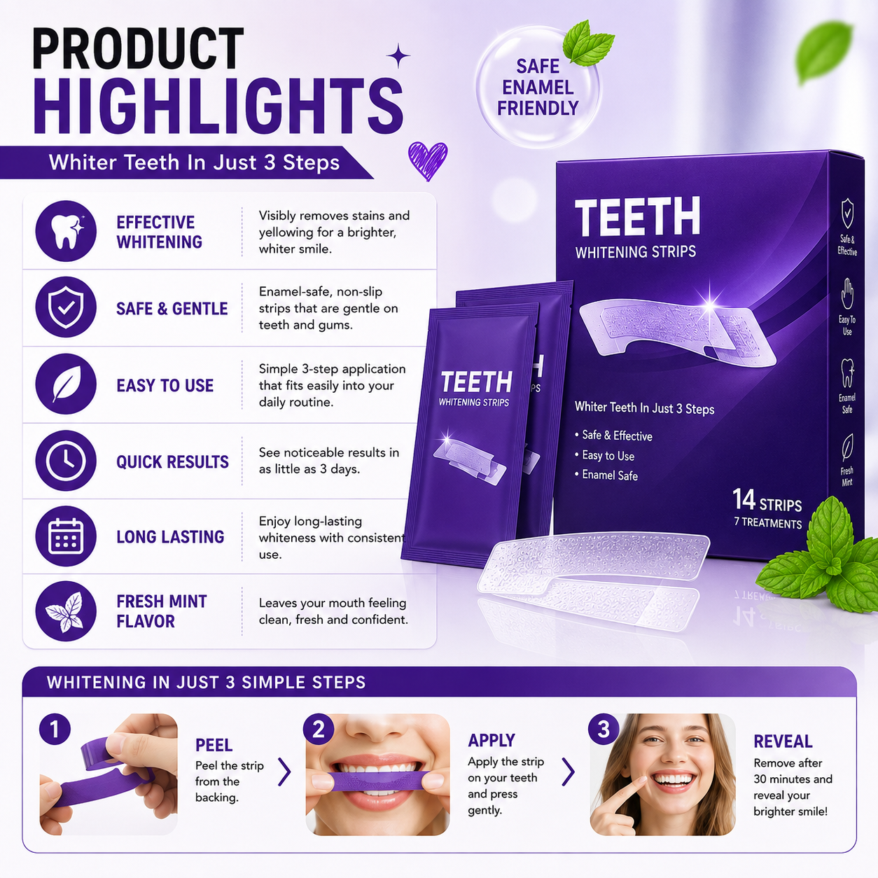 Purple Instant Teeth Whitening Strips✨