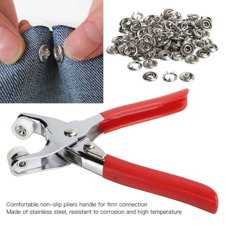 High-Quality Metal Tich Button Tool Kit with 100 Abaya Ring Buttons – Easy Snap Button Machine & Clipper for DIY Clothes, Hats, Caps & Crafts
