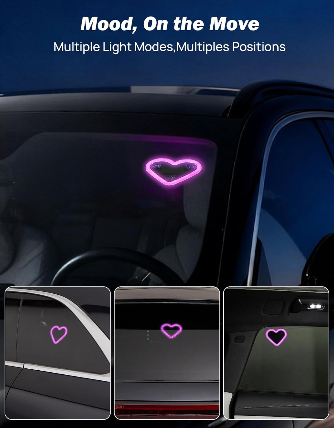 Car LED Ambient Light Solar Powered Heart Neon Light Car Led Lights Interior for Outdoor/Interior Car/Room Pink