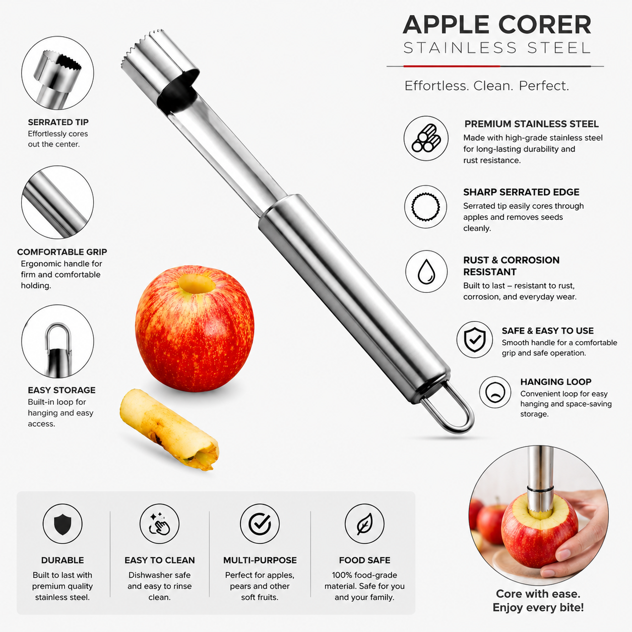 Premium Stainless Steel Fruit & Vegetable Corer | Seed Remover Tool