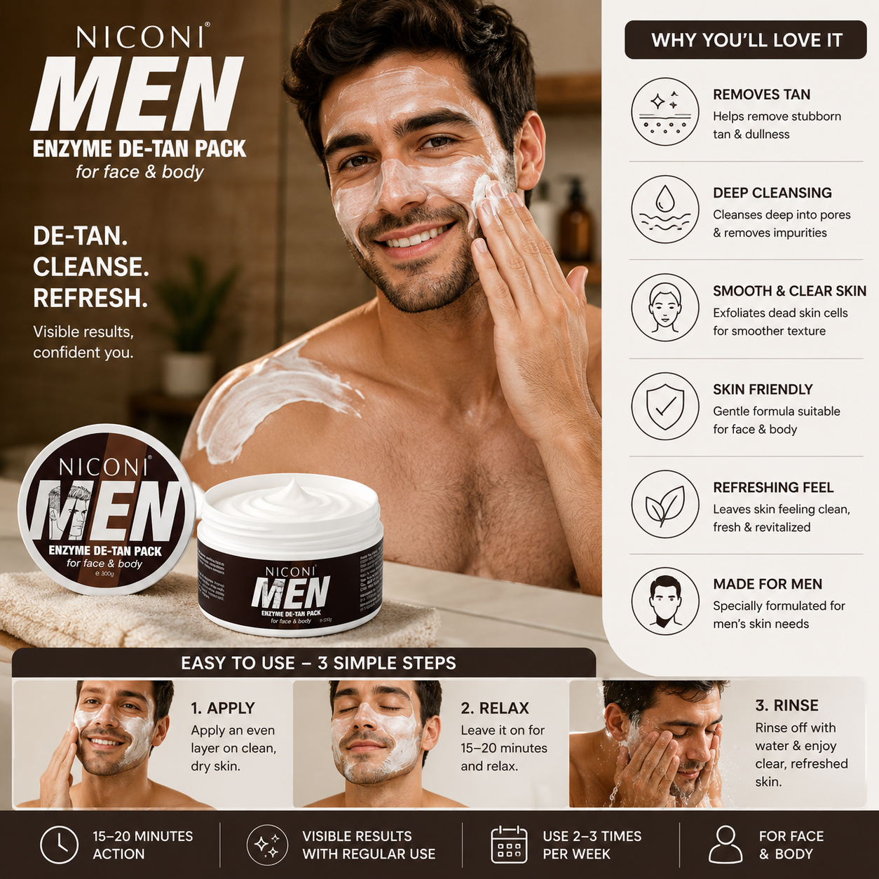 Niconi Men Enzyme De-Tan Pack For Face & Body (300g)