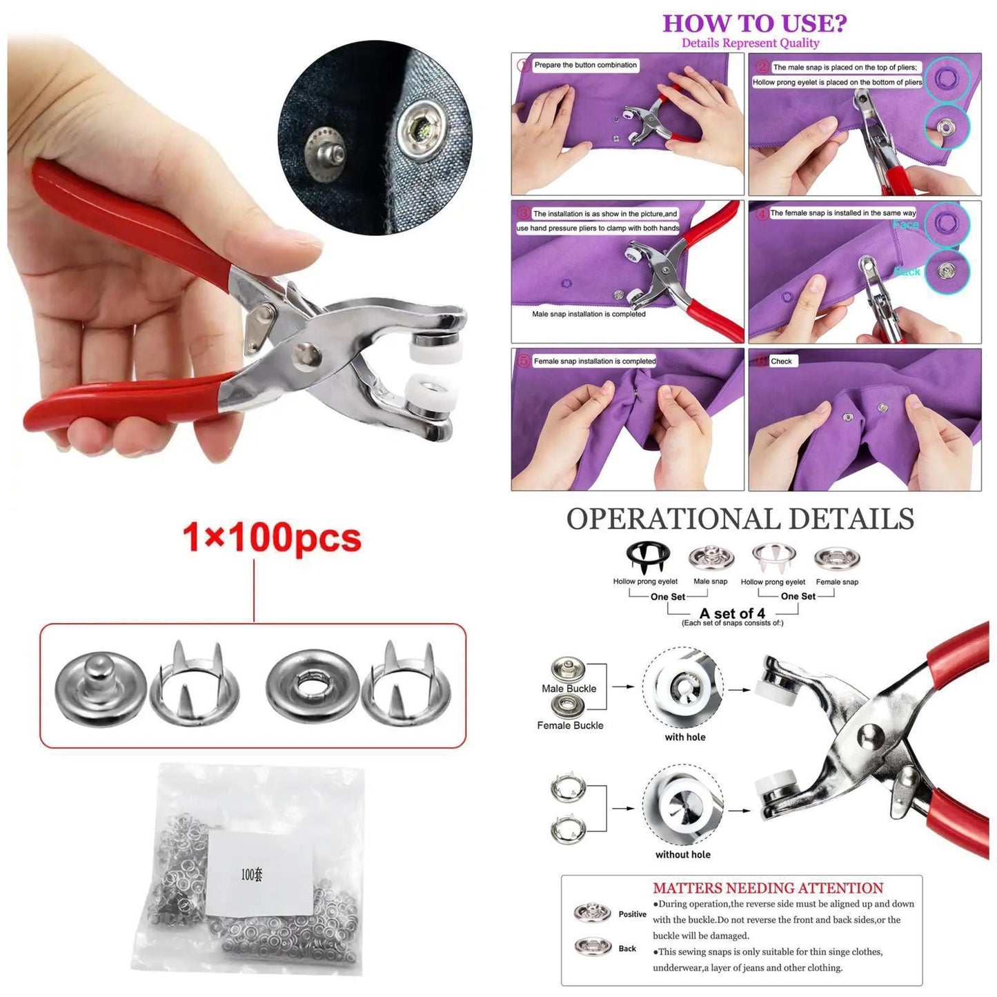 High-Quality Metal Tich Button Tool Kit with 100 Abaya Ring Buttons – Easy Snap Button Machine & Clipper for DIY Clothes, Hats, Caps & Crafts