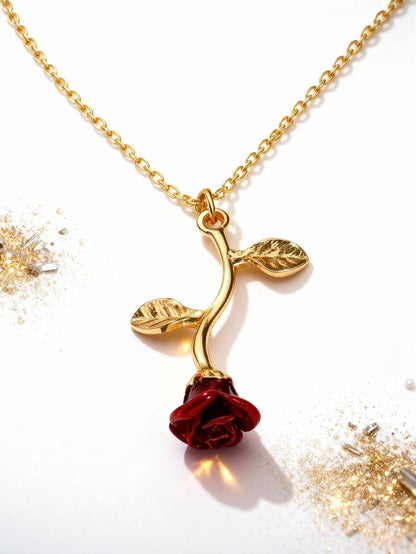 Red Rose Flower Gold - Necklace
