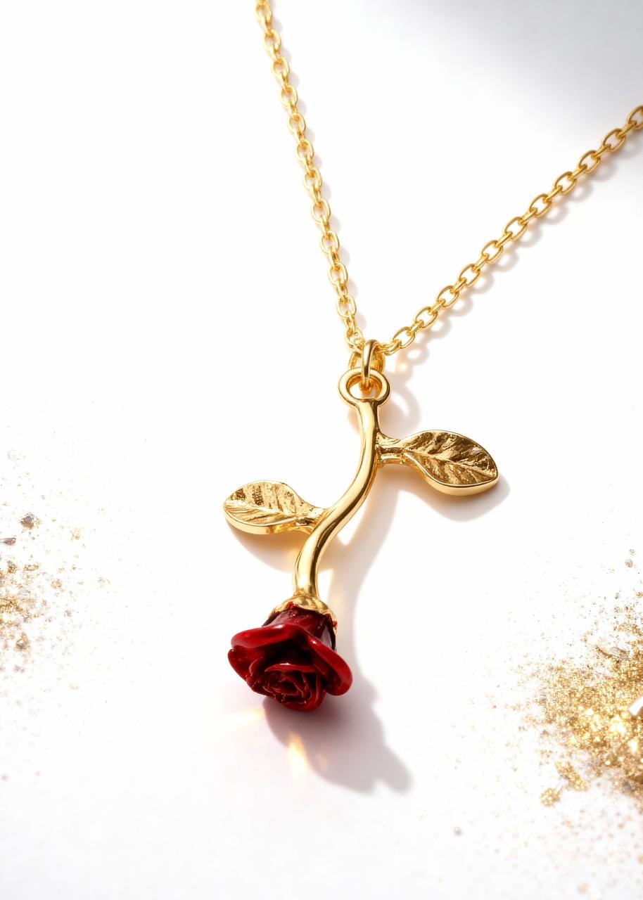 Red Rose Flower Gold - Necklace