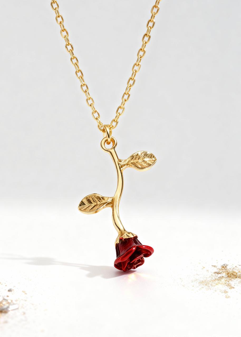 Red Rose Flower Gold - Necklace