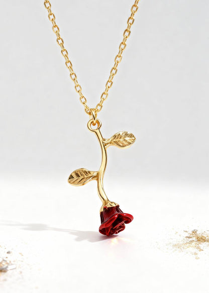 Red Rose Flower Gold - Necklace