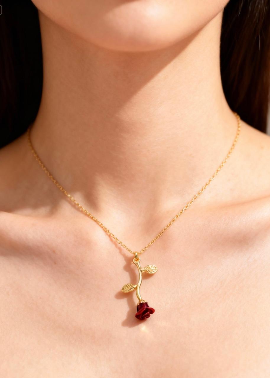 Red Rose Flower Gold - Necklace